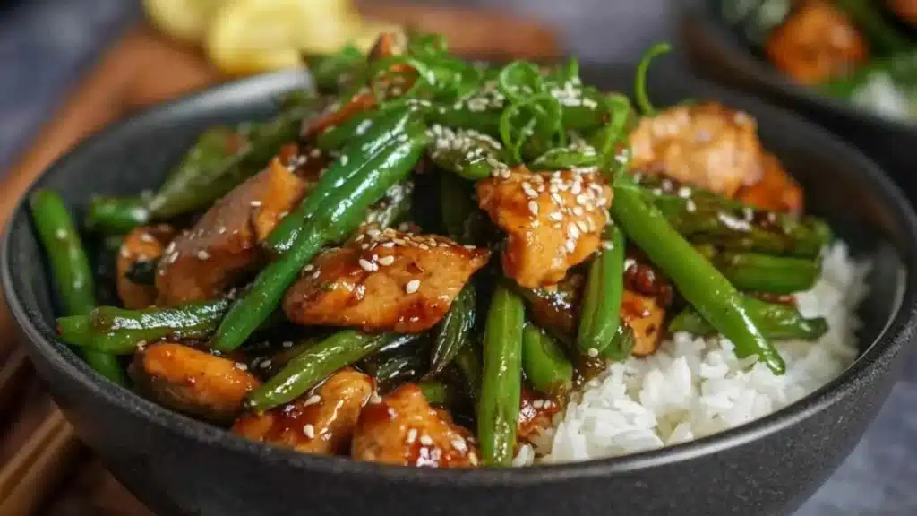 Plate of green bean and chicken stir-fry with vibrant vegetables