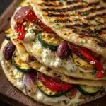 Grilled Mediterranean Veggie Quesadillas stacked on a plate, ready to enjoy.