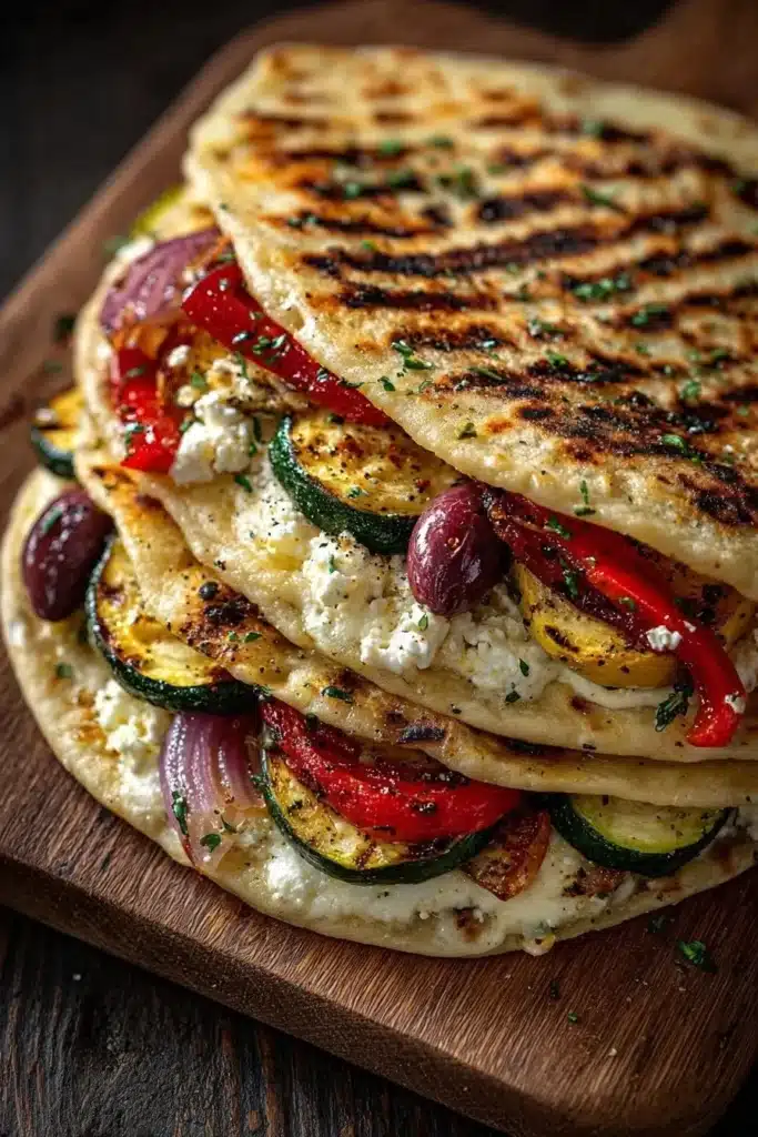 Grilled Mediterranean Veggie Quesadillas stacked on a plate, ready to enjoy.