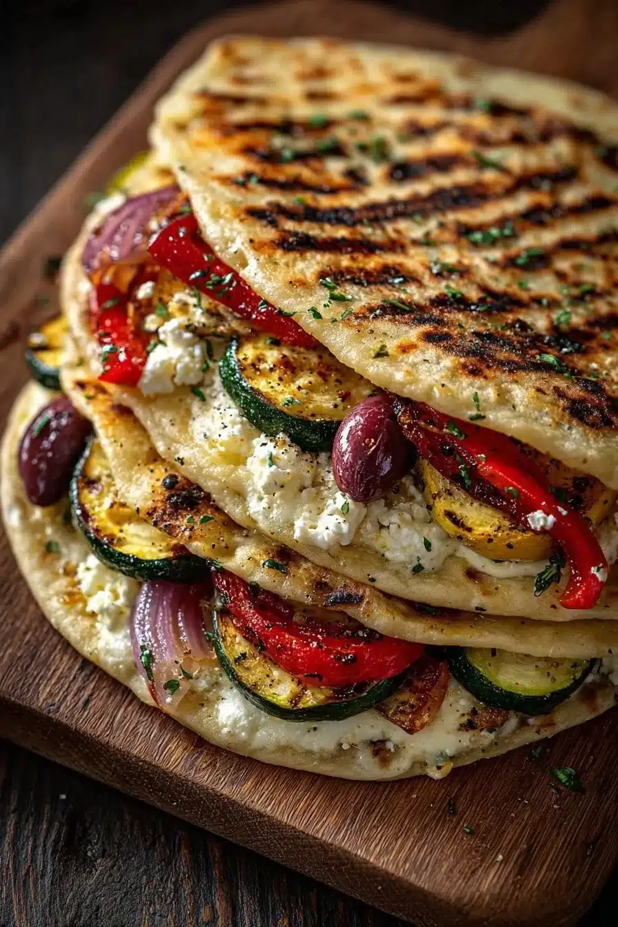 Grilled Mediterranean Veggie Quesadillas stacked on a plate, ready to enjoy.