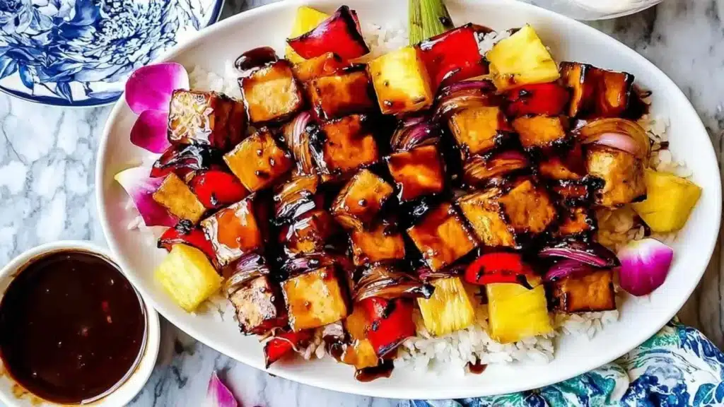 Grilled teriyaki tofu skewers served with chunks of pineapple.