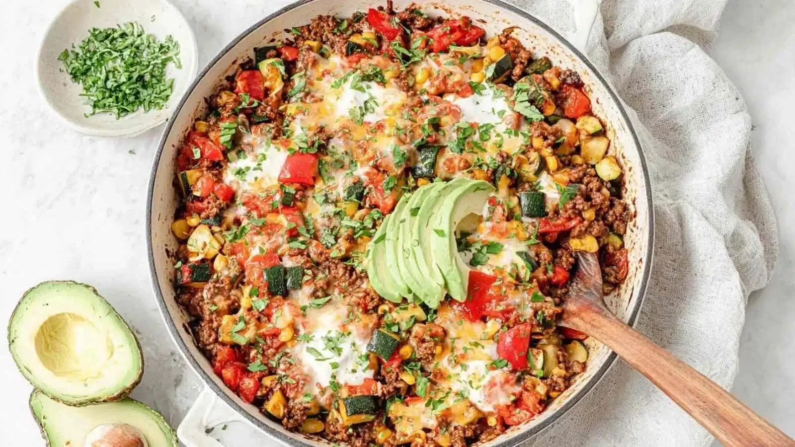Ground Beef and Zucchini Skillet dish served in a frying pan