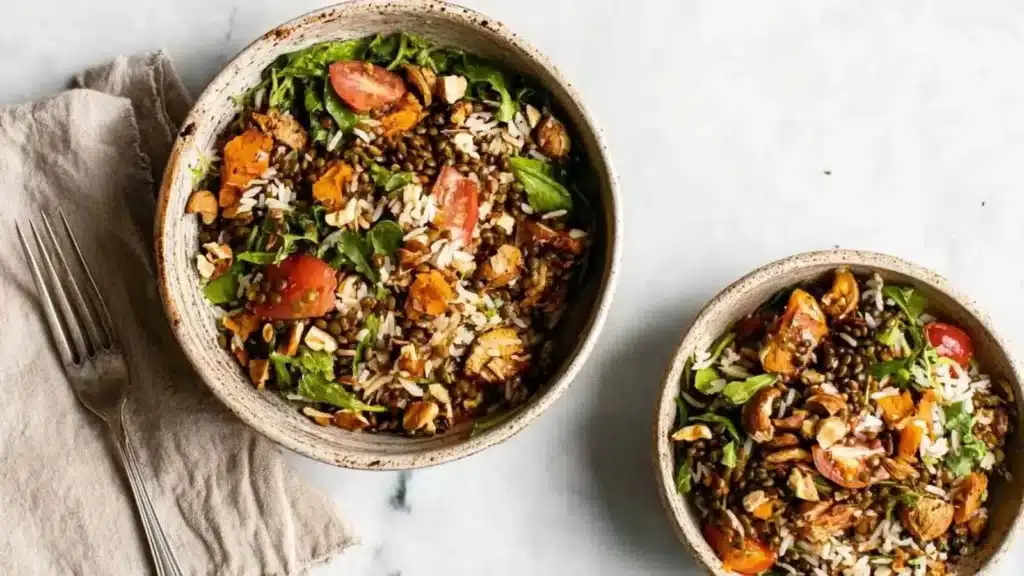 Harissa chicken served in a wild rice salad with fresh vegetables.