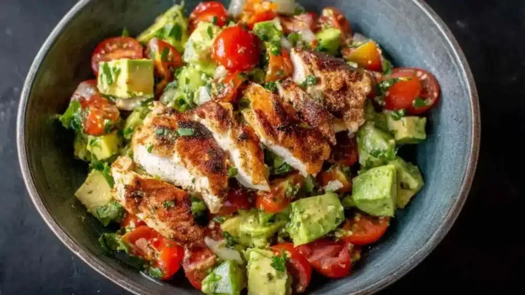 Delicious Healthy Avocado Chicken Salad served in a bowl with fresh ingredients