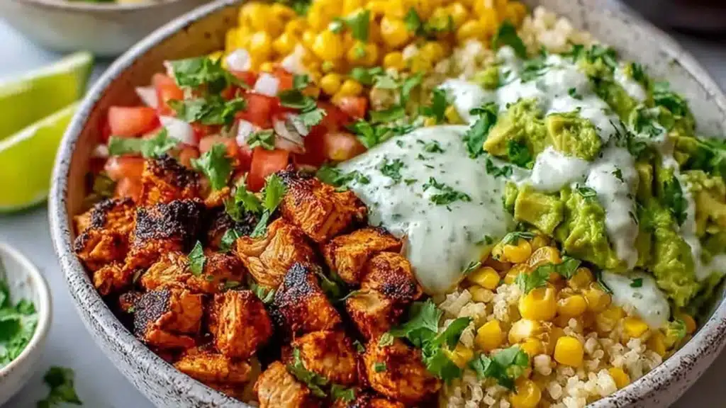 Colorful healthy chicken taco bowls with fresh ingredients and toppings
