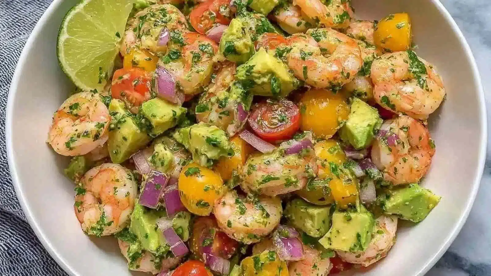 Healthy shrimp avocado salad with fresh ingredients and vibrant colors