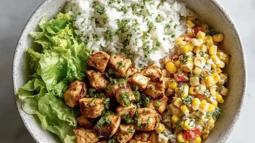 Healthy Street Corn Chicken Rice Bowl with fresh ingredients and vibrant colors