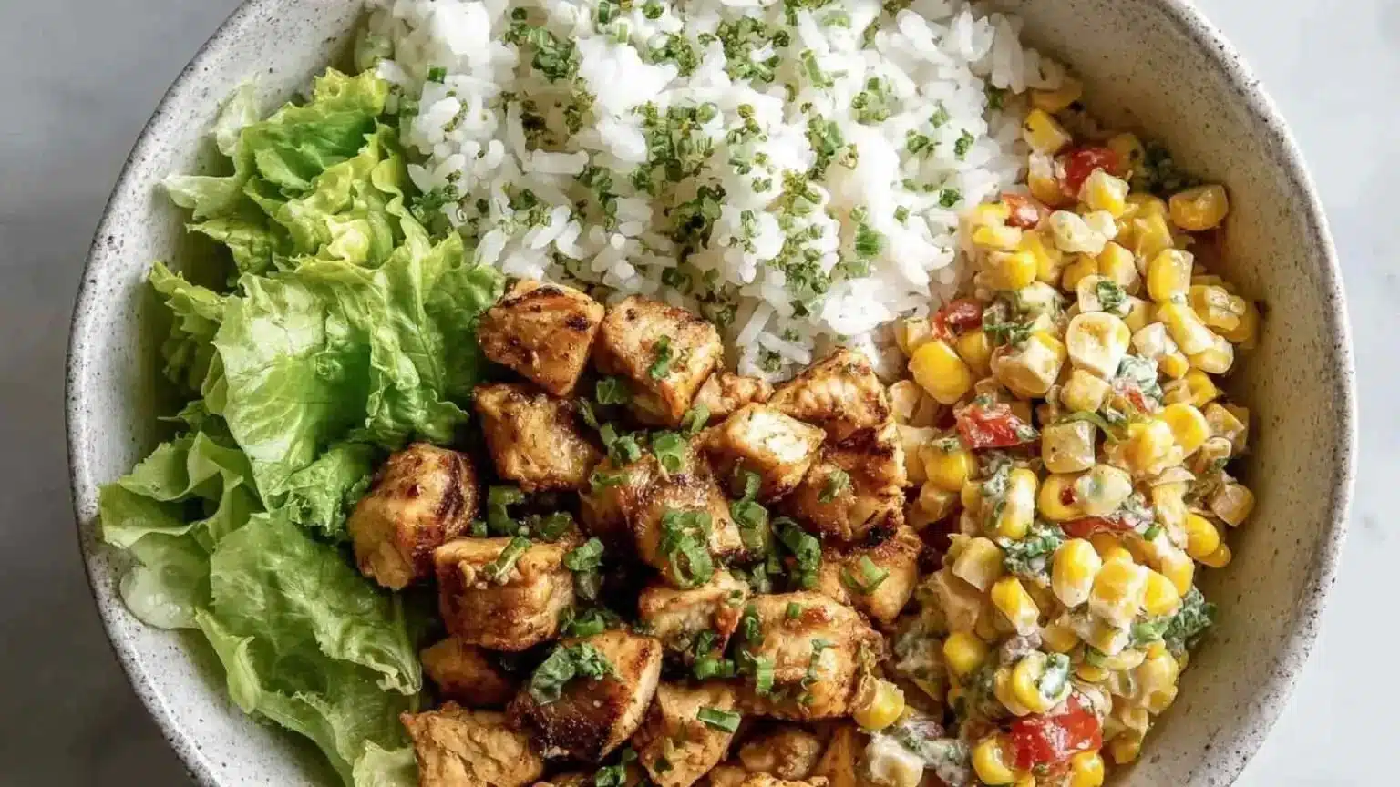 Healthy Street Corn Chicken Rice Bowl with fresh ingredients and vibrant colors