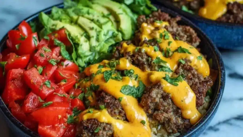 High protein cheeseburger bowls with fresh ingredients and toppings
