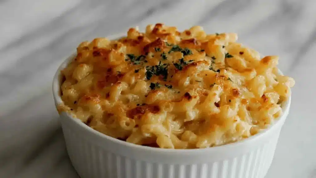 High protein cottage cheese mac and cheese topped with breadcrumbs