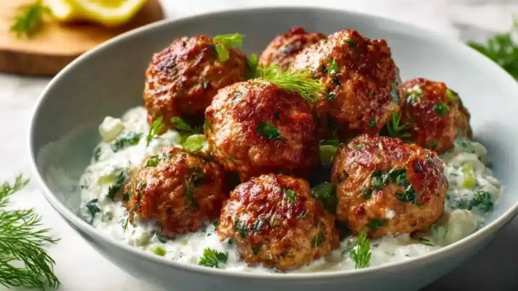High protein Greek turkey meatballs served with tzatziki sauce