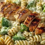 High Protein Rotisserie Chicken Broccoli Pasta dish with vibrant colors and textures.