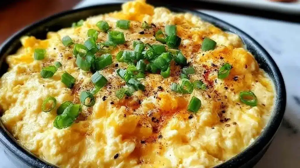 High protein scrambled eggs served on a plate with herbs