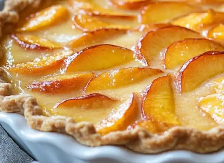 Homemade peach custard pie with fresh peaches and creamy custard filling