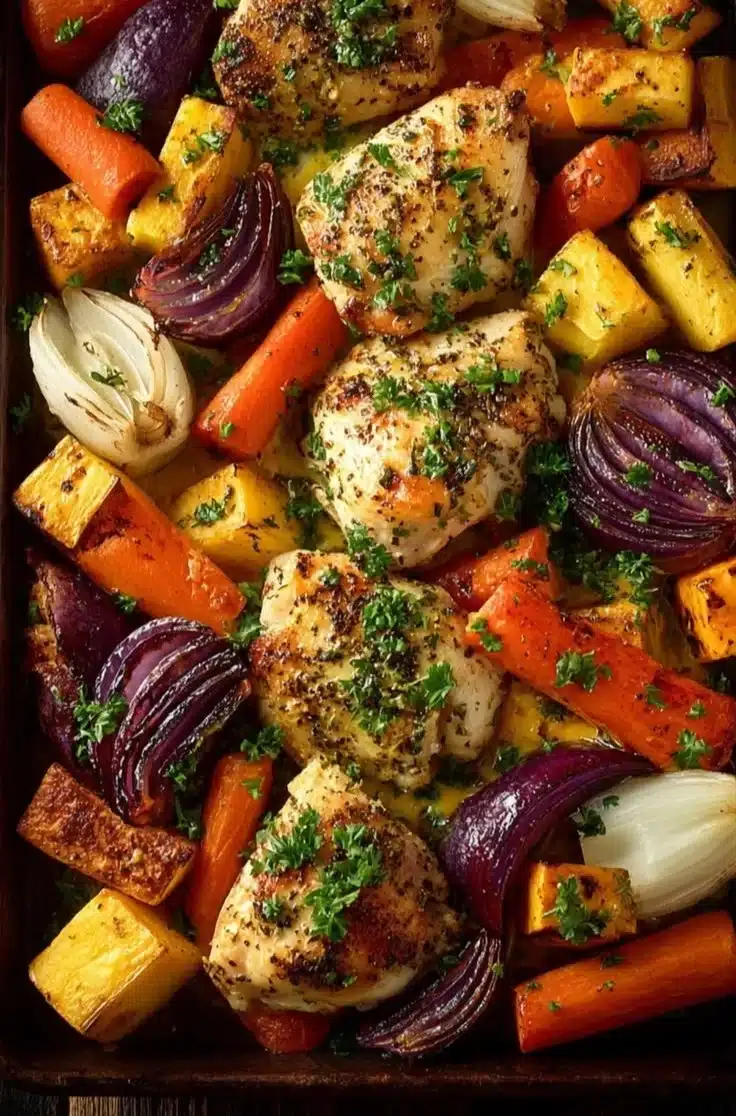 Honey Dijon Chicken served with colorful root vegetables