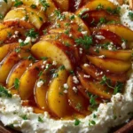 Honey-glazed apples served with whipped feta cheese on a plate
