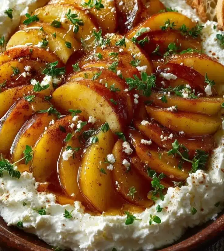 Honey-glazed apples served with whipped feta cheese on a plate