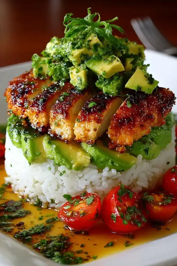 Honey Lime Chicken served with Avocado Rice Stack for a quick dinner.