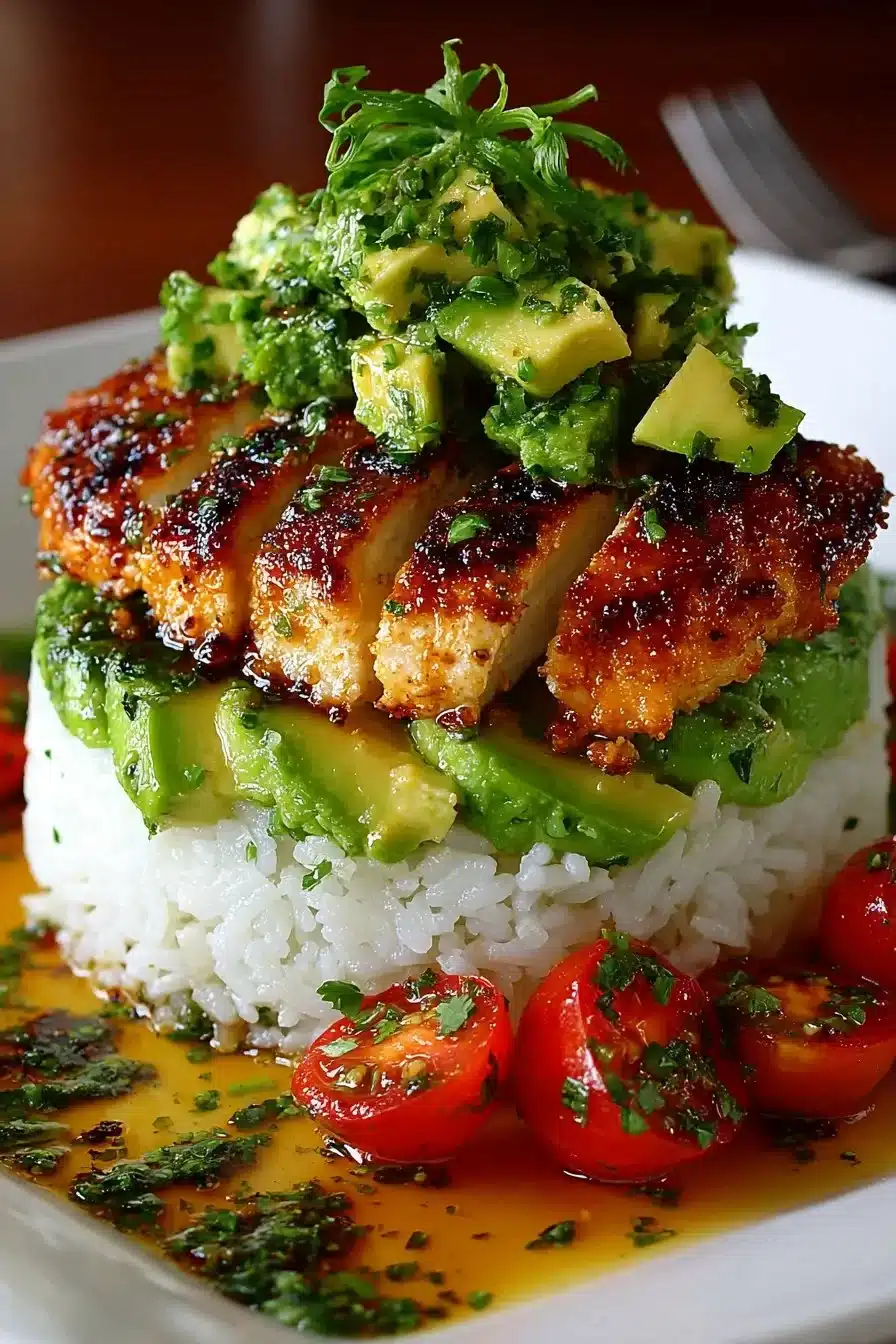 Honey Lime Chicken served with Avocado Rice Stack for a quick dinner.