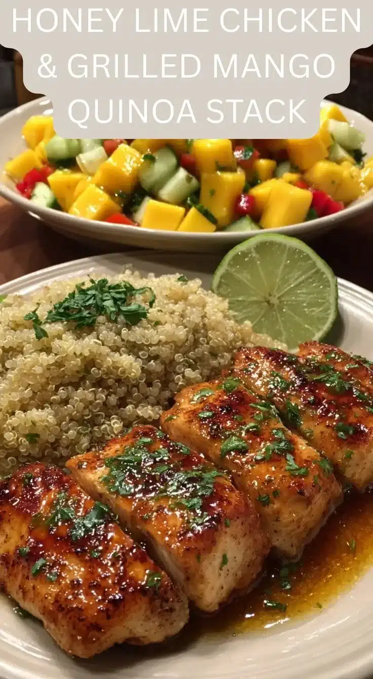 Delicious Honey Lime Chicken served with Grilled Mango Quinoa Stack