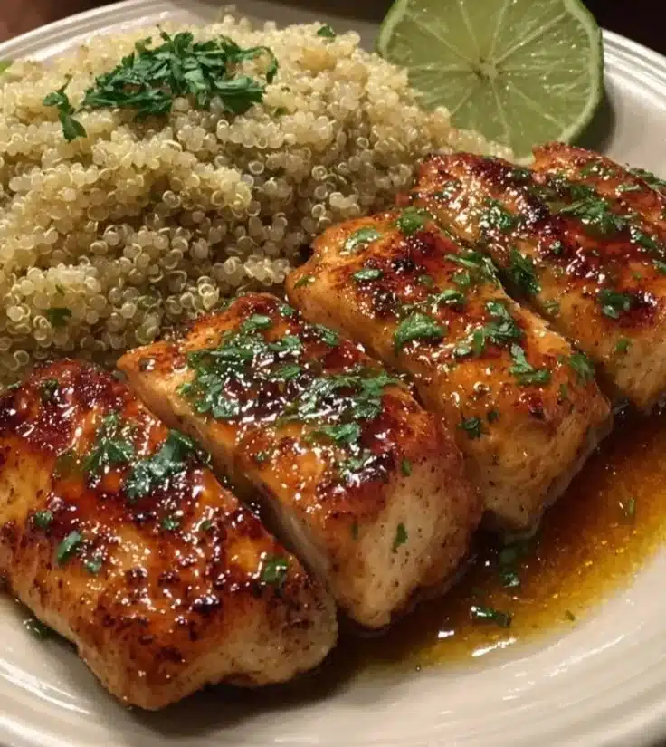 Honey Lime Chicken with Grilled Mango Quinoa Stack on a plate.