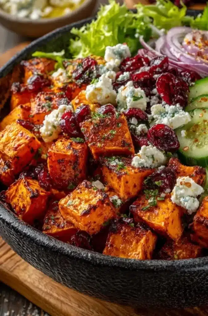 Honey Roasted Sweet Potato and Feta Salad dish served in a bowl.