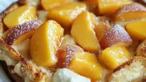 Delicious Peaches and Cream Baked French Toast topped with fresh peaches