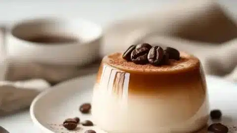 Delicious coffee panna cotta topped with coffee beans and chocolate shavings