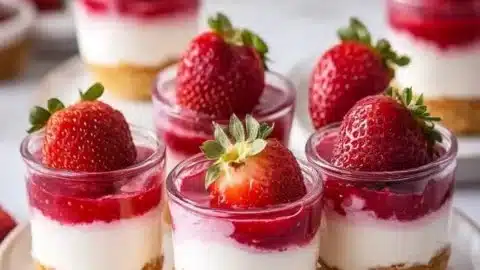 Mini no-bake strawberry cheesecake cups topped with fresh strawberries