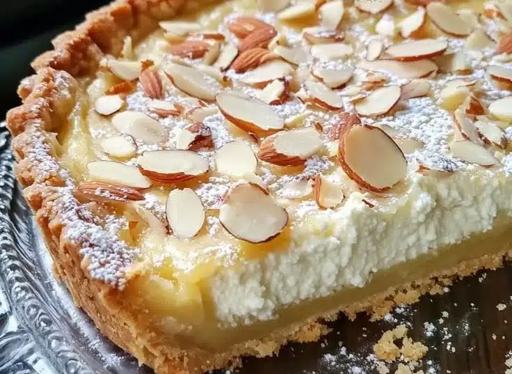 Delicious slice of Italian Almond Cake with almonds on top