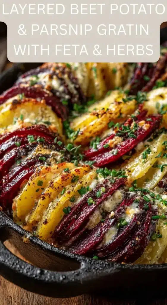 Layered beet potato parsnip gratin with feta and herbs on a serving dish.