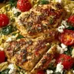 Lemon Dijon Chicken Orzo Bowl with Garlic Whipped Feta served in a bowl