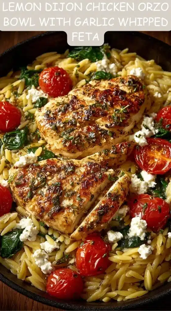 Lemon Dijon Chicken Orzo Bowl with Garlic Whipped Feta served in a bowl
