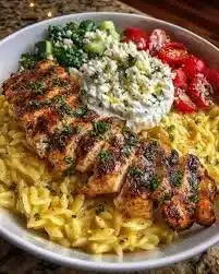 Lemon Dijon Chicken Orzo Bowl with Garlic Whipped Feta served in a bowl