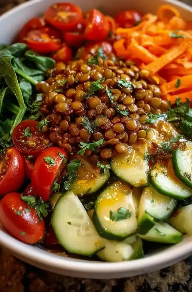 Healthy Lemon Garlic Lentil Bowl with fresh vegetables and herbs