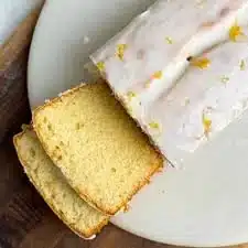 Lemon Loaf with browned butter served on a wooden table