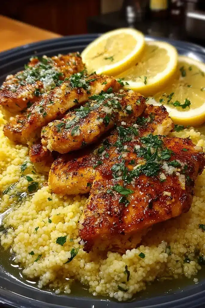 Lemon Parmesan Chicken with Couscous on a plate garnished with herbs