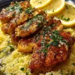 Lemon Parmesan Chicken served with couscous and garnished with herbs
