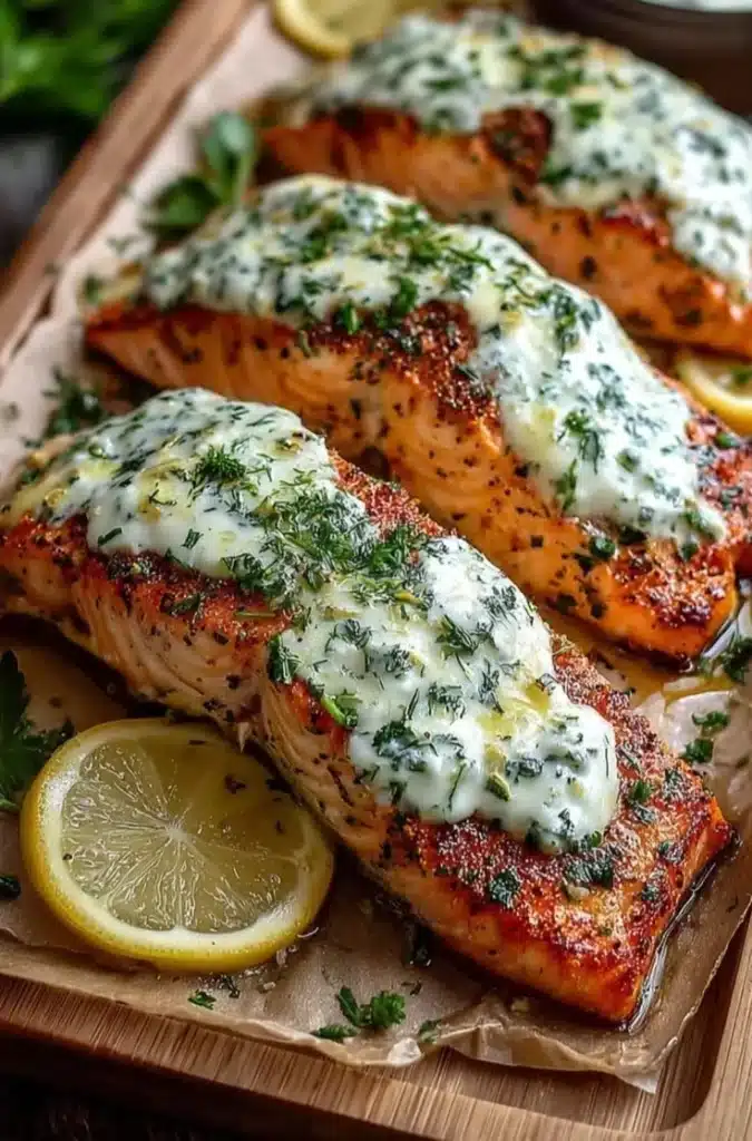 Lemon Yogurt Baked Salmon served on a plate with fresh herbs
