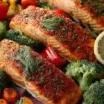 Lemon yogurt salmon dish with roasted vegetables on a plate