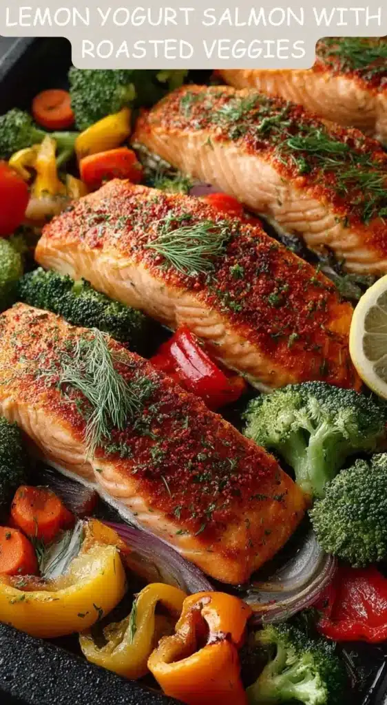 Lemon yogurt salmon dish with roasted vegetables on a plate