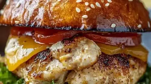Juicy Maple Mustard Chicken Burger served with fresh toppings and a side.