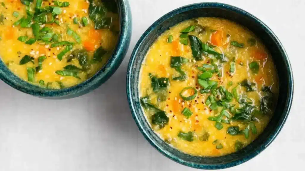 A bowl of homemade medicinal veggie broth filled with fresh vegetables.
