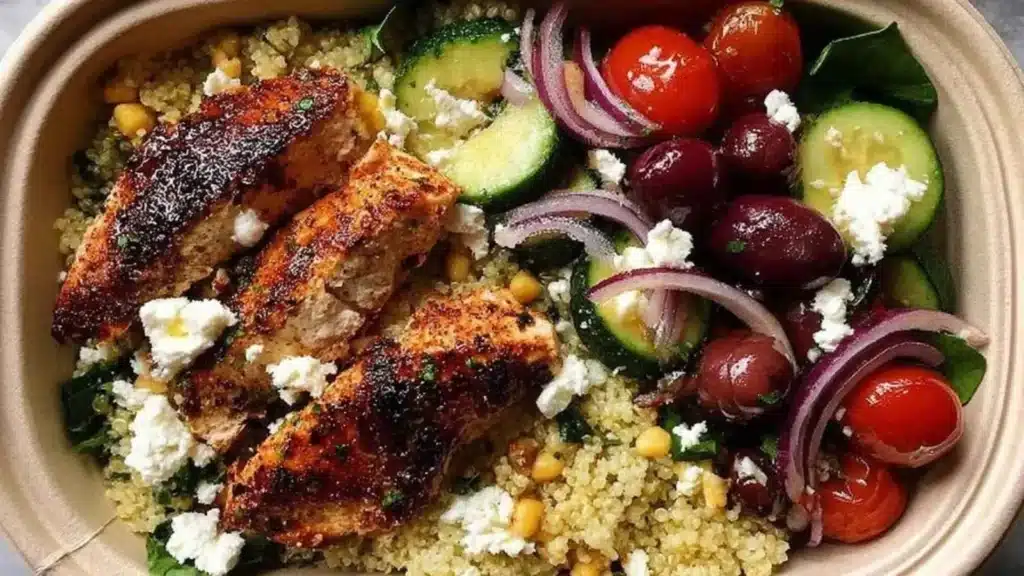 Mediterranean diet meal prep featuring grilled chicken and quinoa for healthy eating.