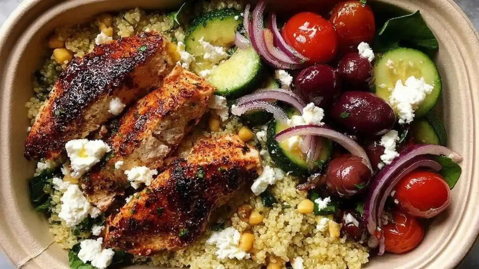 Mediterranean diet meal prep featuring grilled chicken and quinoa for healthy eating.