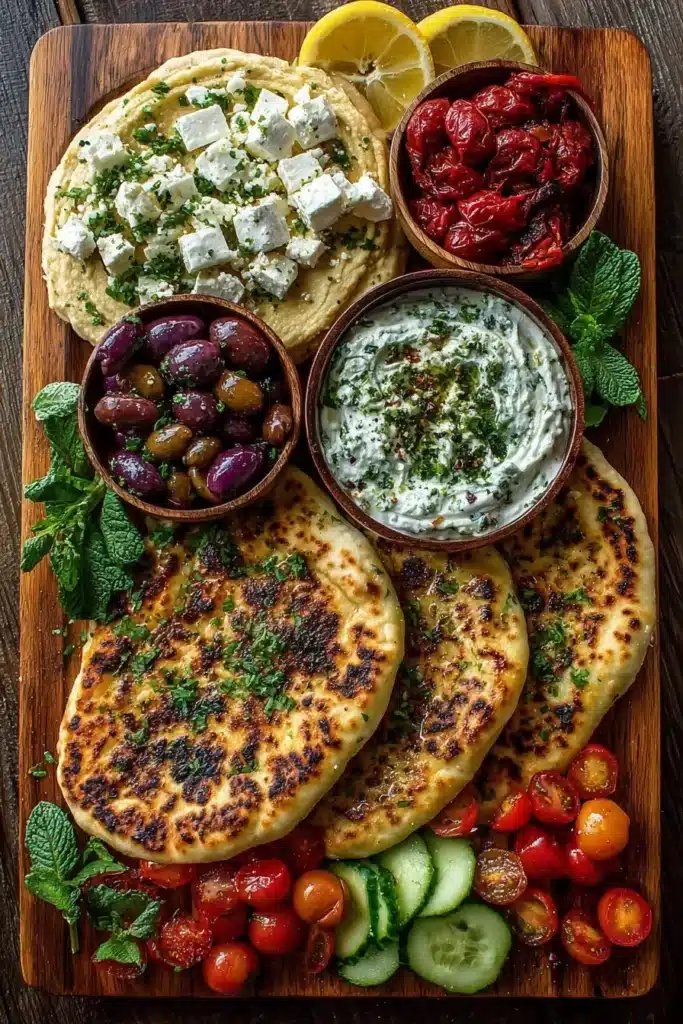 Mediterranean flatbread and feta cheese appetizer board