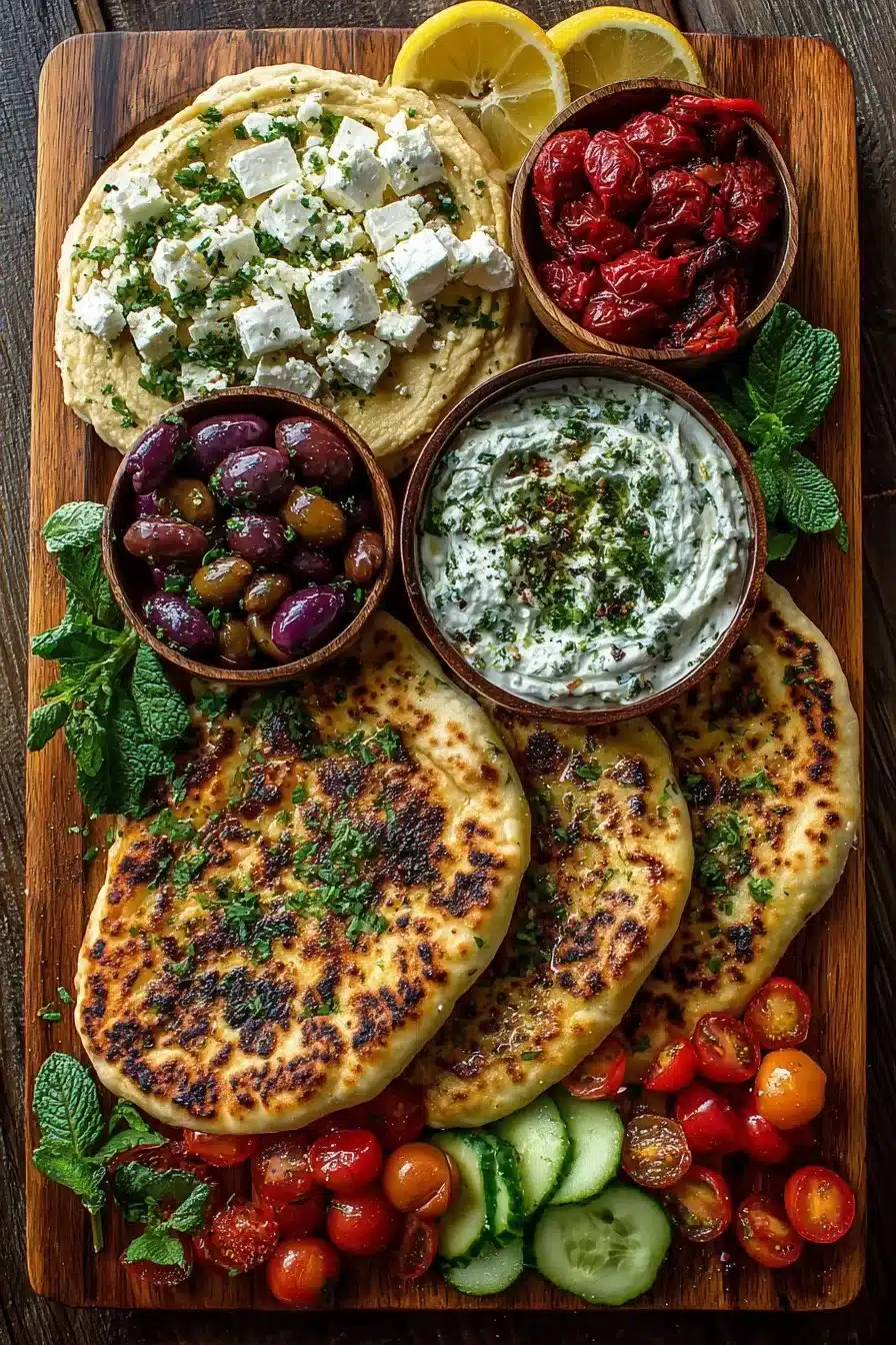Mediterranean flatbread and feta cheese appetizer board