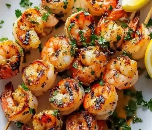 Mediterranean grilled shrimp skewers on a platter, garnished with herbs.