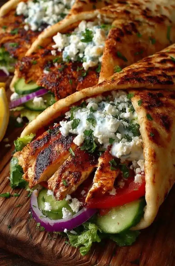 Mediterranean Lemon Chicken Pita Wrap filled with fresh ingredients