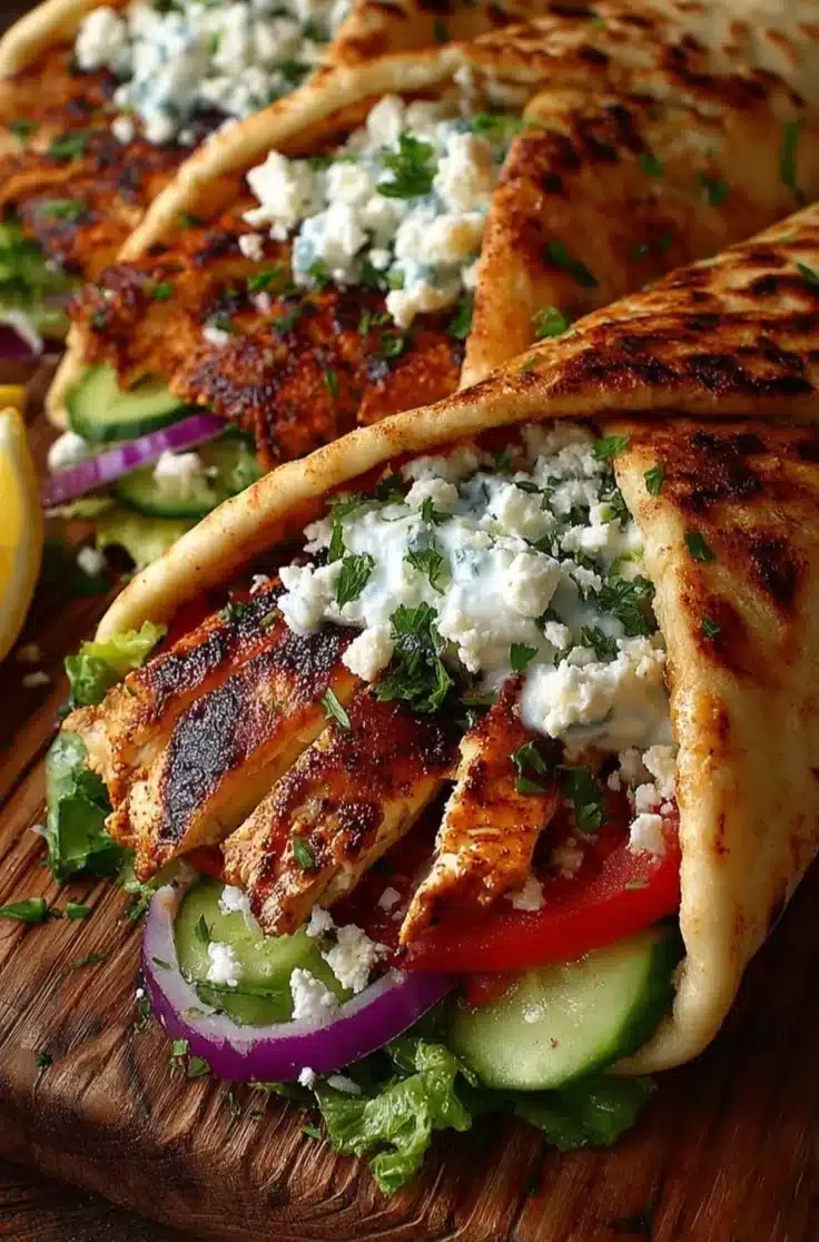 Mediterranean Lemon Chicken Pita Wrap filled with fresh ingredients